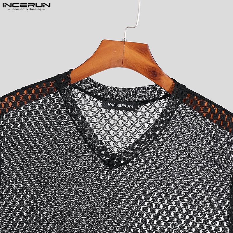 Áo thun ba lỗ INCERUN cổ chữ V màu đen phối lỗ thời trang dành cho nam