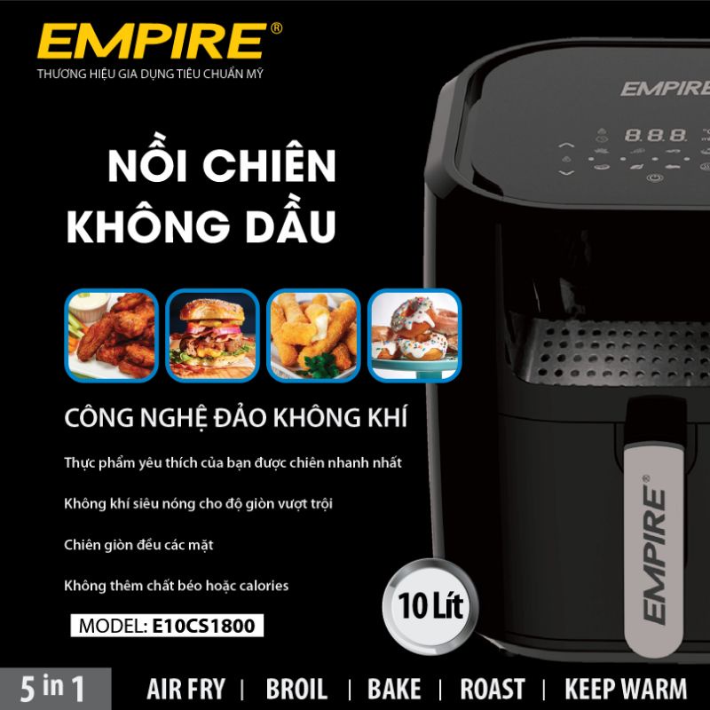 Nồi chiên không dầu Empire E10cs1800 10 lít set sẵn 8 chế độ nấu với màn hình cảm ứng