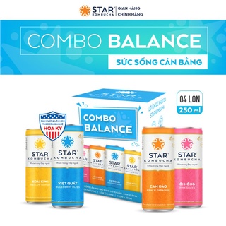 Combo 4 lon trà STAR KOMBUCHA mix vị - Balance Pack (250ml/lon) - Trà lên men vi sinh chứa probiotics bảo vệ sức khoẻ