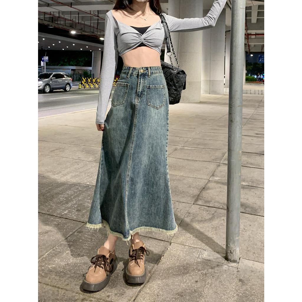 62431 Raw Edge Váy Denim Dài Ngang Hông