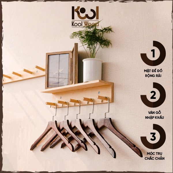 Kệ gỗ treo tường có móc treo quần áo KoolWood, Giá gỗ trang trí nhà cửa, Homestay, quán cafe, shop quần áo