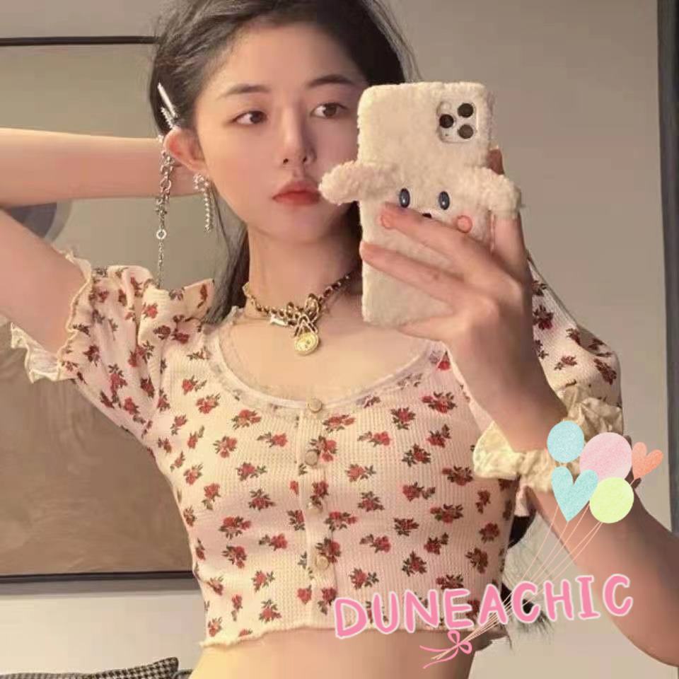 DUNEA Áo hai dây/ Áo croptop tay phồng họa tiết hoa cổ vuông thời trang sành điệu dành cho nữ
