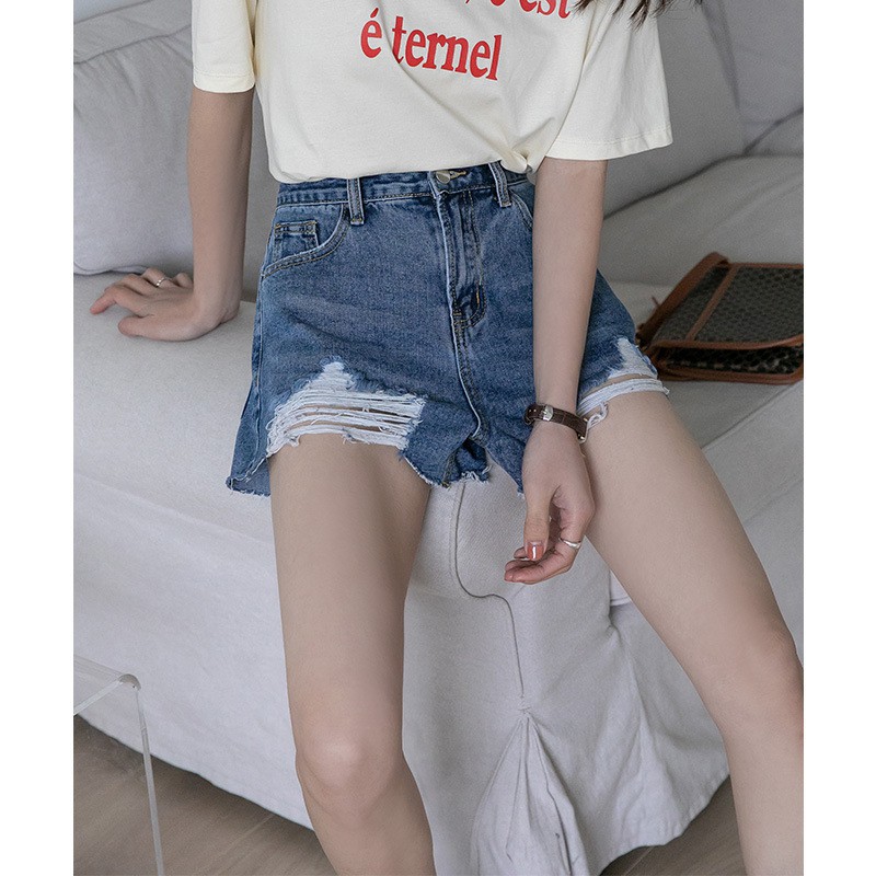 Quần Short Jean Nữ Ống Rộng Lưng Cao Rách Màu Xanh Đậm Ulzzang Hàn Quốc Quần Đùi Bò Cạp Cao Denim Hàn Quốc
