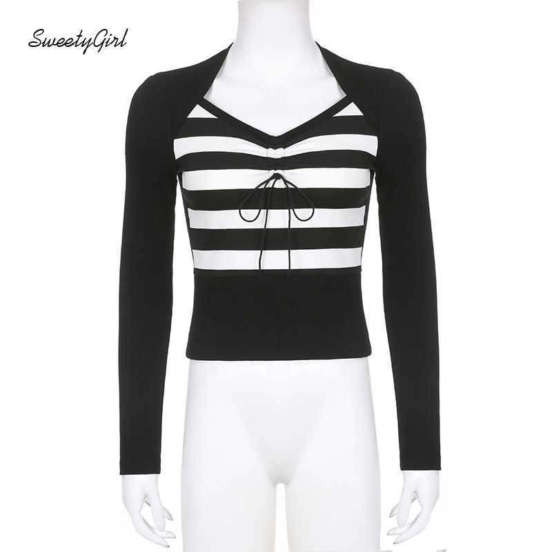 Áo Thun Tay Dài Cổ Chữ V Họa Tiết Kẻ Sọc Phối Màu Trắng Đen Thời Trang 2022 Quyến Rũ Cho Nữ