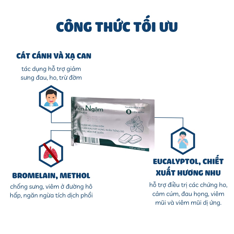 Viên ngậm ho, đau rát họng, khản tiếng VIÊN NGẬM AN CHÂU dùng cho ho khan, có đờm, viêm phế quản - vỉ 8 viên