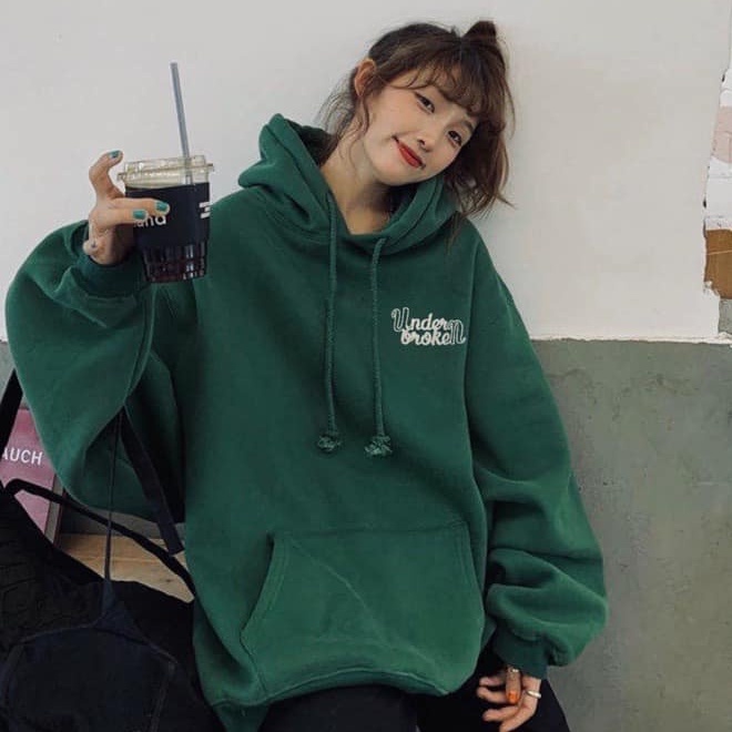 Áo hoodie nam nữ from rộng màu xanh rêu in chữ, áo khoác nỉ hoodie Vati