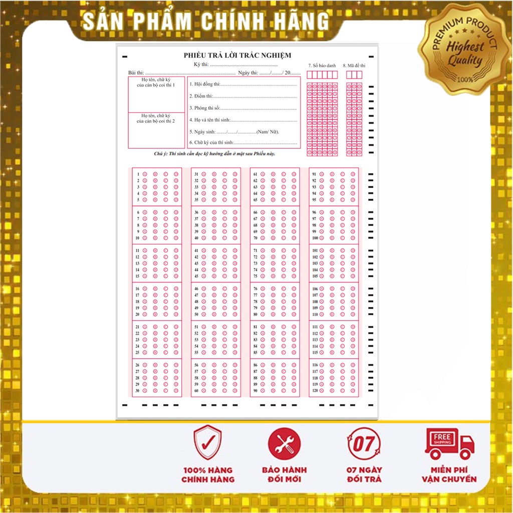 Phiếu trả lời trắc nghiệm chuẩn bộ giáo dục (45 60 120 câu)