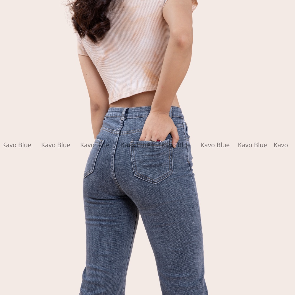 Quần Jeans Nữ Ống Đứng Ghi Đá Co Giãn Hàn Quốc KAVO BLUE Lưng Cao Ống Suông D61