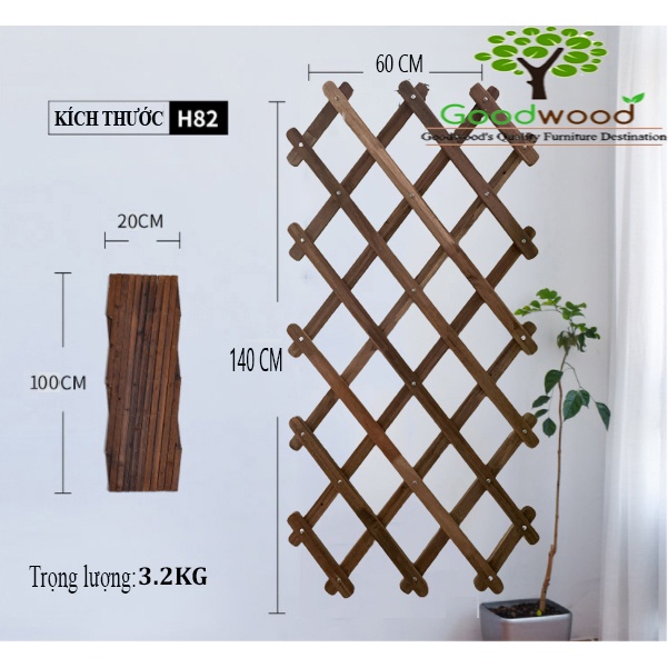 [Cao Cấp] Khung giàn gỗ treo cây ban công, Giàn leo hoa hồng gỗ KT 140x 60 cm Goodwood