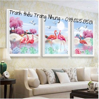 Tranh thêu chữ thập Bộ ba Hồng Hạc 149x62cm