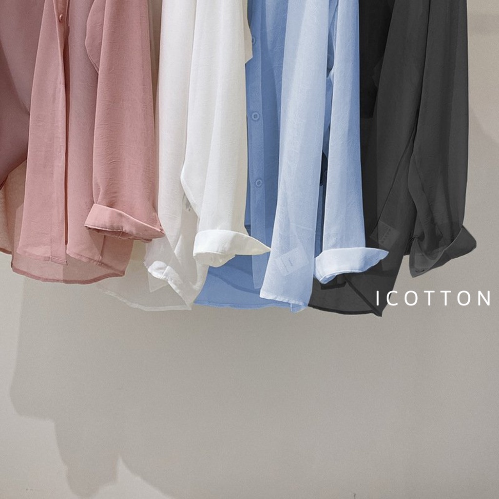 Áo sơ mi phom rộng khoác ngoài ❤️ICOTTON❤️ áo sơ mi nữ mỏng voan chiffon xuyên thấu dài tay, áo đi biển, đi chơi