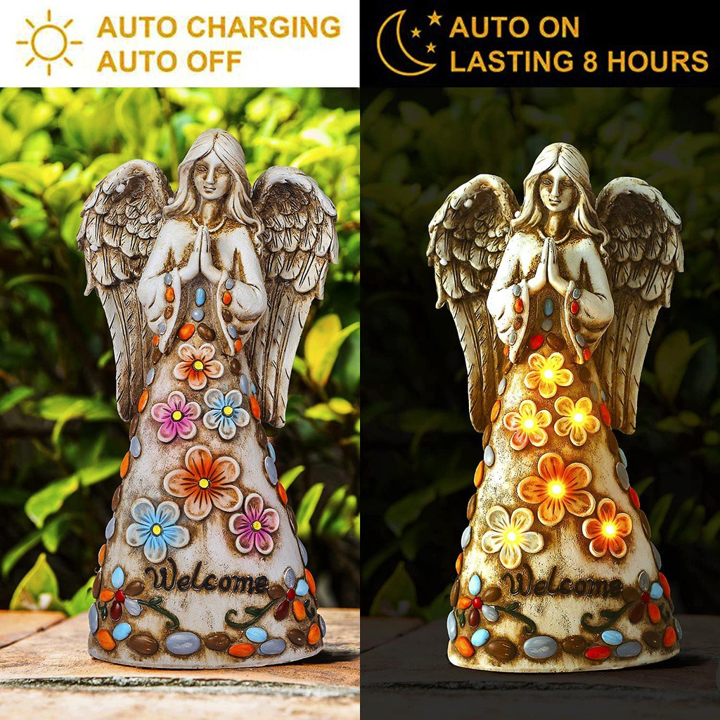 MIOSHOP Sculpture Outdoor Decor White Lights Porch Decoration Solar Powerded Angel Garden Statue Yard/Lawn/Patio With 6 Warm LEDs Resin Memorial Gifts Figurine