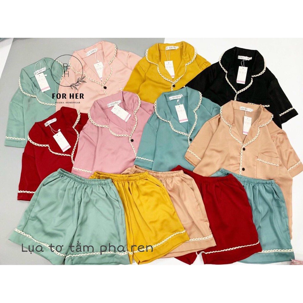 Đồ bộ pijama, bộ lụa pizama cộc đùi lụa trơn pha ren cao cấp