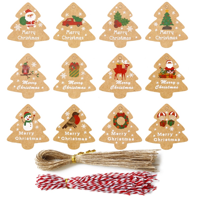 Thẻ giấy in chữ Merry Christmas kèm dây treo trang trí cây thông noel