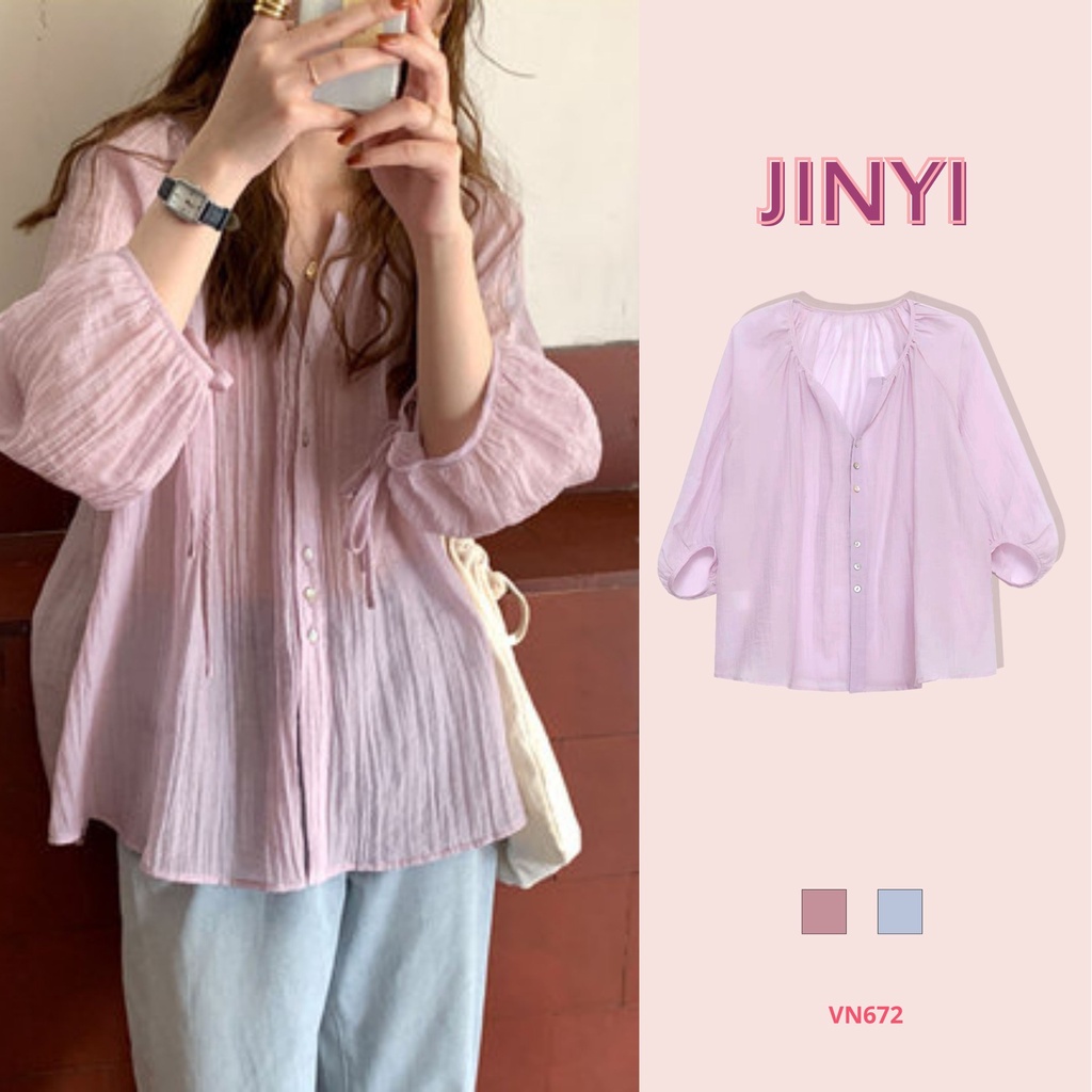 VN672 JinYi Áo sơ mi voan tay lỡ điệu đà chất đũi thoáng mát
