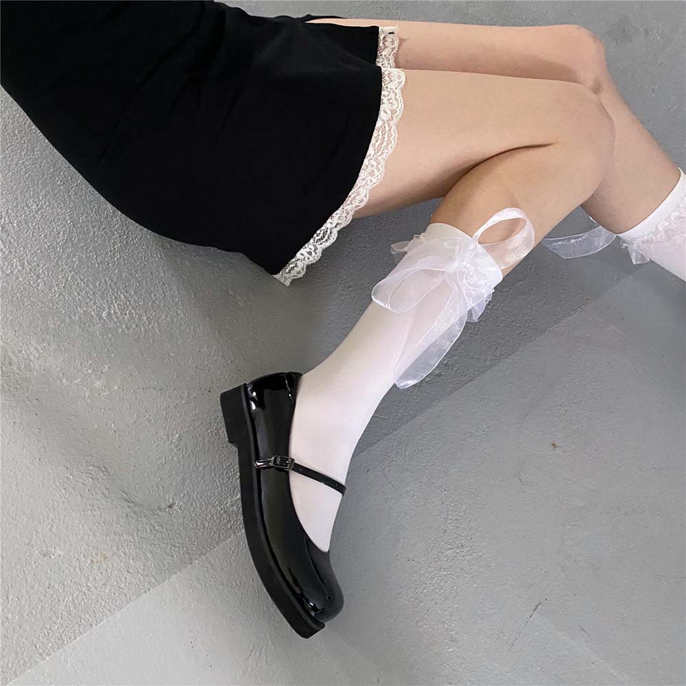 Vớ đùi ngang ống chân mềm mại phối nơ và ren thoáng khí nhiều màu sắc phong cách Lolita cho nữ | BigBuy360 - bigbuy360.vn