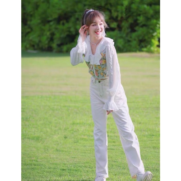 Set Áo Polo Tay Bèo Và Quần Jeans Trắng TỪ MỘNG KHIẾT Thời Trang Xinh Xắn