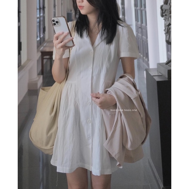 Váy babydoll cổ vest dáng trên gối, váy babydoll xoè nhẹ chiết eo Bazic one