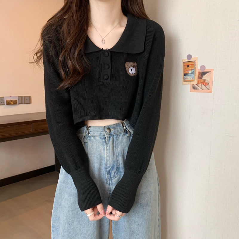 Áo sweater Tay Phồng Cổ Bẻ Thêu Hình Gấu Dễ Thương Phong Cách Hàn Quốc Thời Trang Mùa Thu