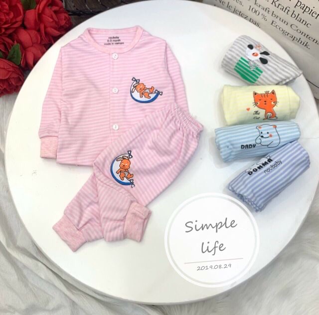 Sale sốc! Bộ quần áo trẻ em thu đông dài tay noubaby chất nỉ cotton họa tiết kẻ cho bé trai bé gái