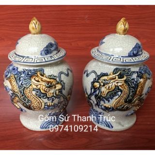 Chóe cúng đồ thờ men rạn đắp nổi rồng