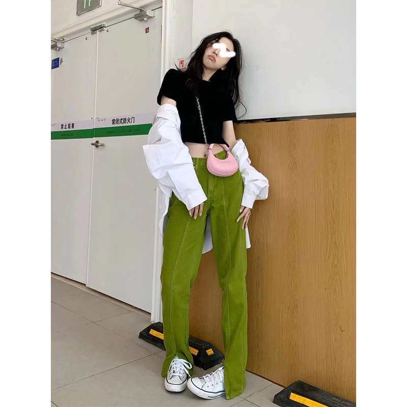 Quần Jean Dài Ống Đứng Xẻ Tà Màu Xanh Bơ Phong Cách Mỹ Thời Trang Mùa Hè Cho Nữ