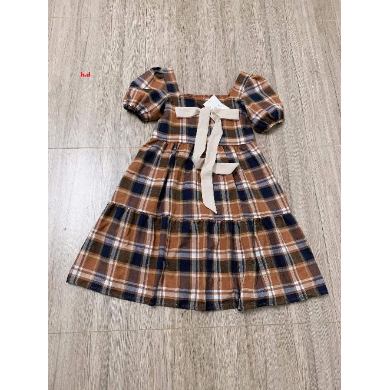 váy babydoll kẻ karo đỏ đen cổ vuông thắt nơ nhỏ thân váy hai tầng xòe nhẹ nhàng freesize style hàn quốc