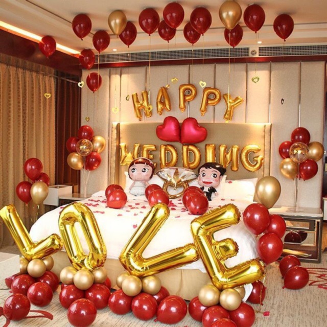 [Tặng 100 Cánh Hoa Hồng] Sét Bóng Happy Wedding Trang Trí Phòng Cưới Tông Đỏ vàng/ Bạc