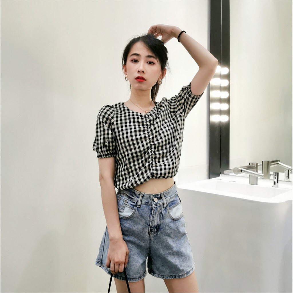 Women's French Retro V-neck Short Sleeve Plaid Shirts Loose Fashion Summer Crop Tops | BigBuy360 - bigbuy360.vn