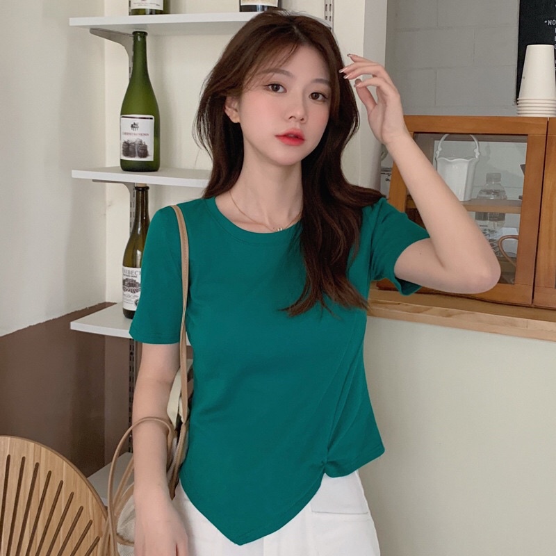 Áo thun nữ vạt chéo nhún cộc tay cổ tròn hàng đẹp, áo xoắn eo ôm body