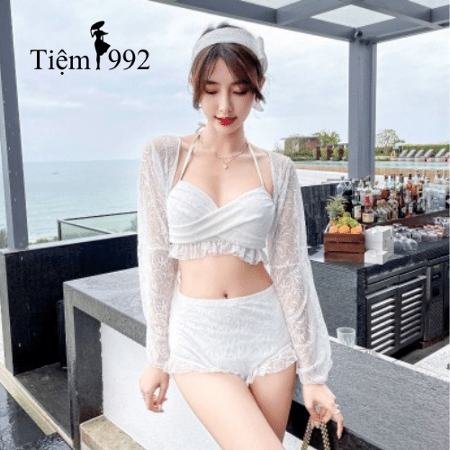 Set bikini 3 món có áo choàng ren sang chảnh hàng quảng châu không lộ bụng