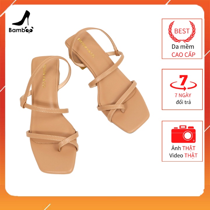 EB024 5cm Giày sandal xỏ ngón cao gót nữ công sở xuất khẩu đẹp gót vuông dây mảnh da mềm màu da cao cấp