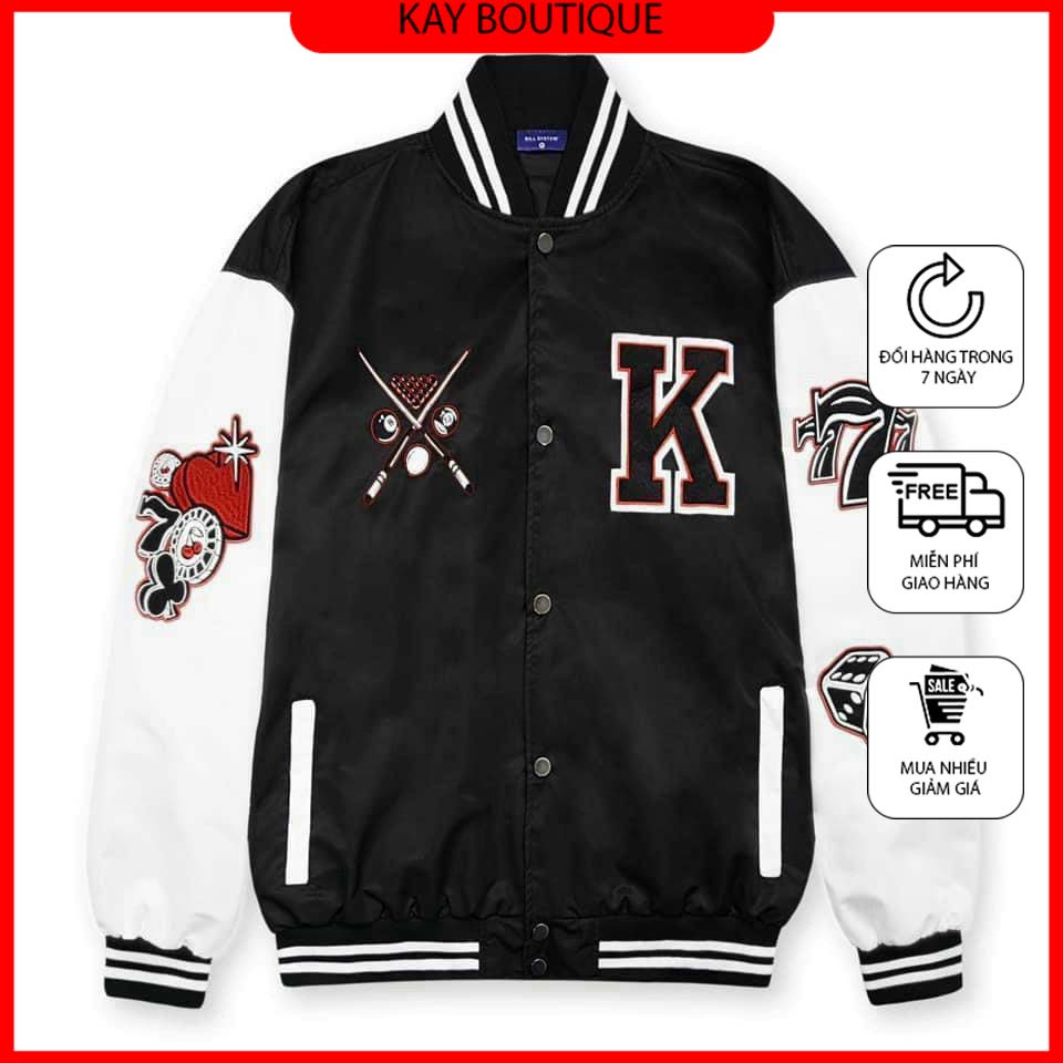 Áo khoác varsity dù cặp form unisex cao cấp, áo khoác dù họa tiết đẹp phối gió màu đen hot trend Kay Boutique