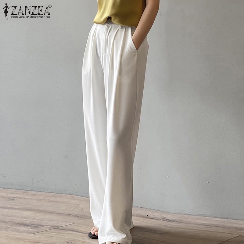 Quần dài ống rộng ZANZEA màu trơn phong cách Hàn Quốc thời trang vintage cho nữ