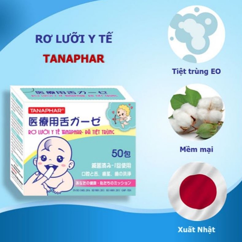 Gạc rơ lưỡi y tế cho bé Tanaphar đã tiệt trùng, phòng ngừa bệnh về răng miệng: tưa lưỡi, nấm miệng, viêm nướu - hộp 50c