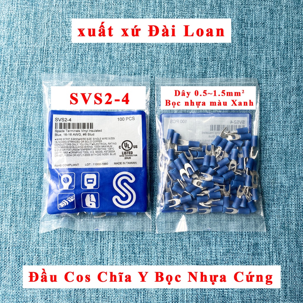 Đầu cos chĩa SV2 Đài Loan- Đầu cos chữ Y có bọc nhựa cứng -Dây 1.5mm2 - 2.5mm2, SVS2-3.7 SVS2-4 SVS2-5 SVS2-6