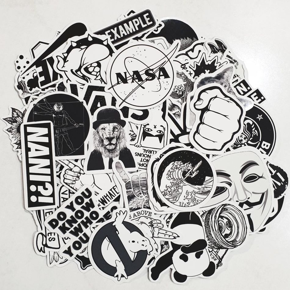 Bộ sticker trang trí mũ bảo hiểm, đàn, guitar, ukulele, điện thoại laptop chủ đề Black and white đen trắng