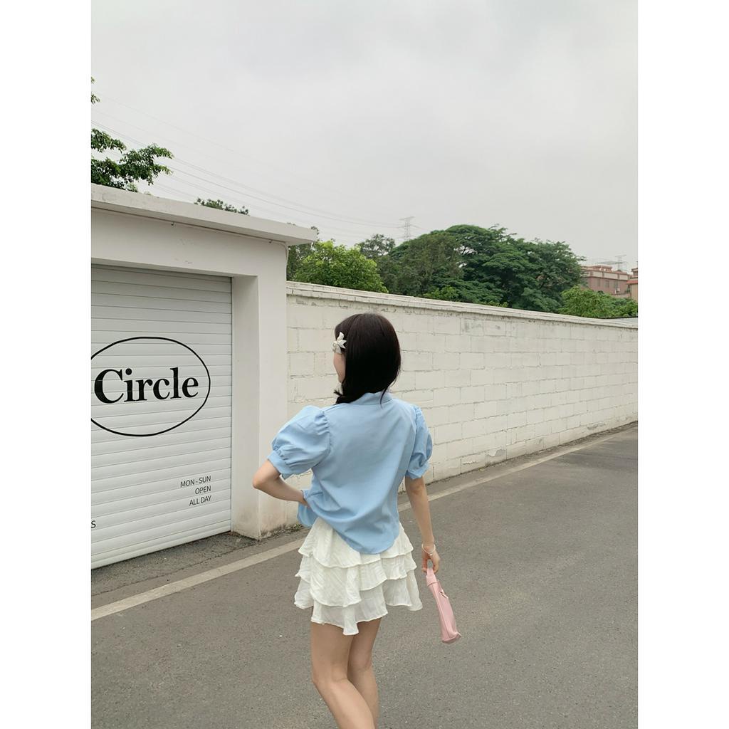 「 WELOVE1 」Áo Sơ Mi Cổ Polo Tay Lửng Màu Trơn Phong Cách Hàn Quốc Thời Trang Mùa Hè Mới Cho Nữ