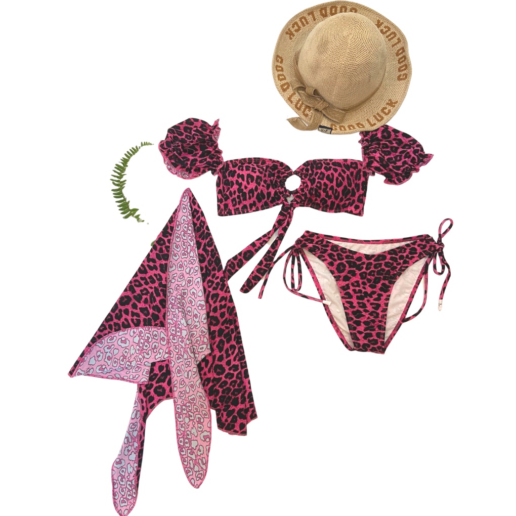 SET BIKINI, ĐỒ BƠI ĐI BIỂN HAI MẢNH ÁO KHOEN NGỰC TAY BỒNG KÈM KHĂN BEO HỒNG SEXY HM-128