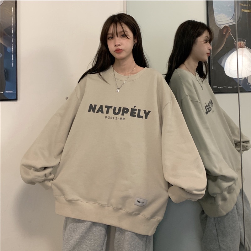 Áo sweater tay dài cổ tròn dáng rộng in họa tiết chữ phong cách retro cá tính