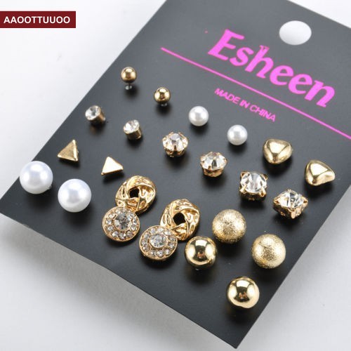 9/12 Pairs Women Girl Simple Pearl Crystal Stud Triangle Bar Earring Set Jewelry