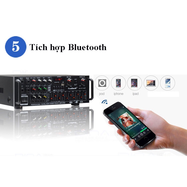 Amply karaoke, Amply mini bluetooth 5.0 SUNBUCK 326BT 220V/12V, công suất cao, 4 cổng Mic đa năng,hát karaoke siêu
