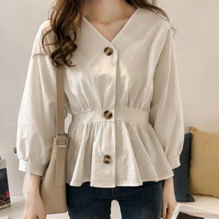 Áo sơ mi cài nút bo eo cổ V cho nữ