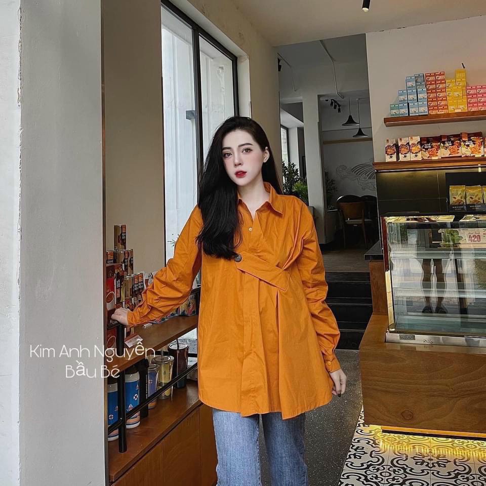 [ảnh thật-sẵn] Sơ mi trơn kiểu cài cúc nâu trắng