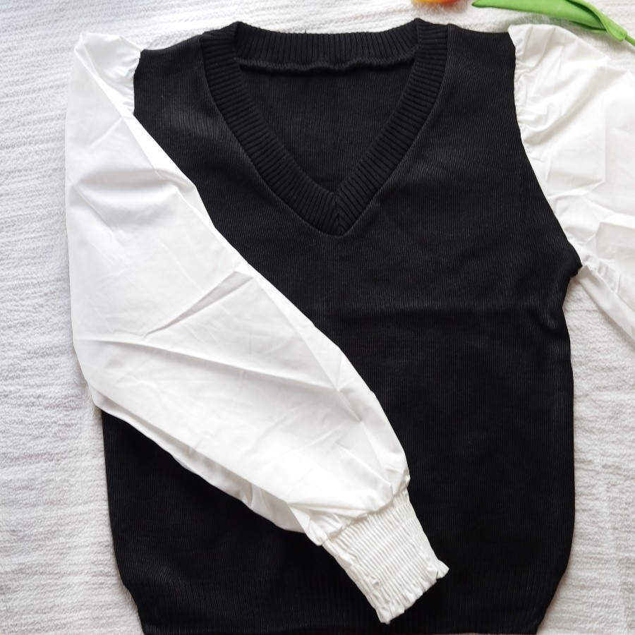 Áo len nữ kiểu Hàn Quốc dài tay cổ tim phối tay bồng sơ mi 3 màu xinh xắn | BigBuy360 - bigbuy360.vn