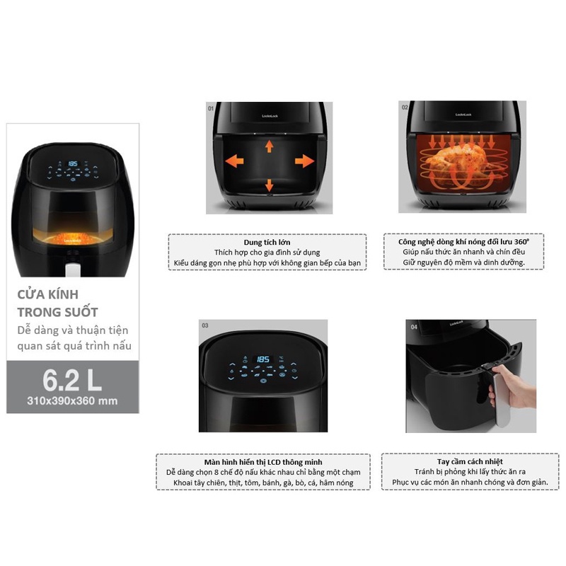 Nồi chiên không dầu Locknlock Visible Digital Air Fryer EJF282BLK 6.2L màu đen - BABYHOPSG