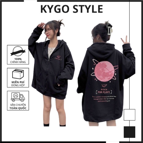 Áo khoác nỉ hoodie dây kéo form rộng unisex hai màu đen trắng dễ mặc, áo nỉ có mũ hình in nổi bền đẹp. K101