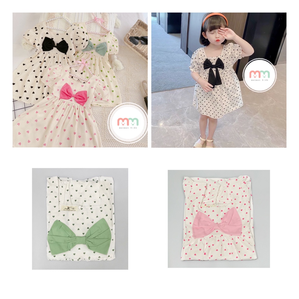 Đầm bé gái dễ thương, đầm babydoll bé gái thiết kế tay phồng nơ cổ chất lụa cao cấp mềm mịn mát cho bé 11kg đến 28kg