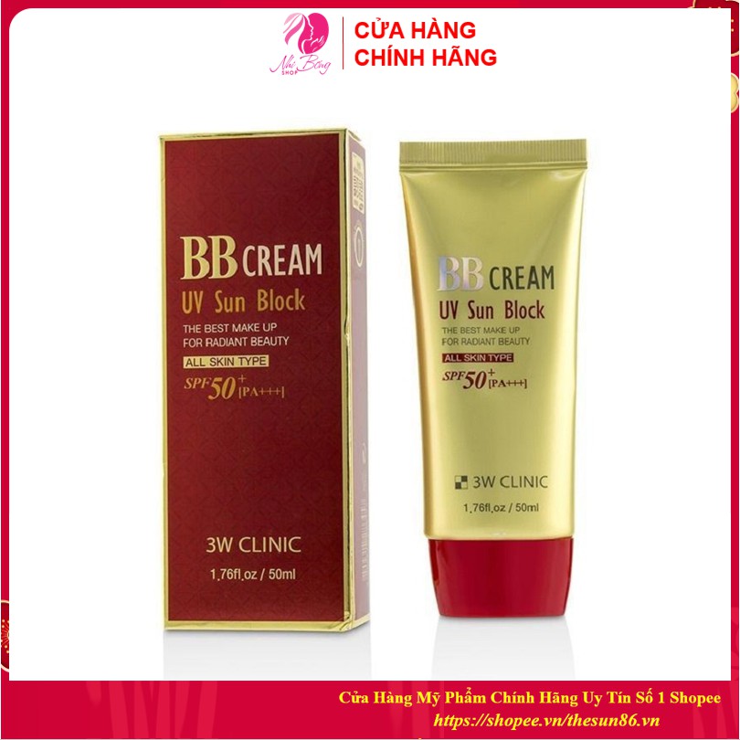 Kem nền trang điểm - Kem che khuyết điểm chống nắng BB Cream UV Sun Block 3W Clinic Hàn Quốc 50ml