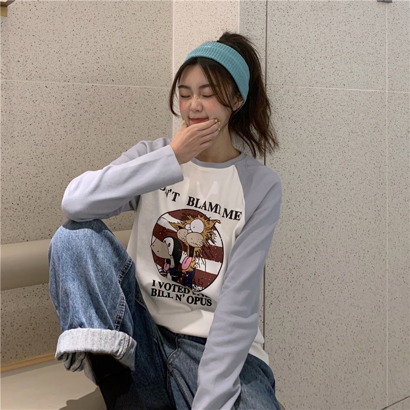 SUXI Áo thun dài tay dáng rộng in hoạt hình phối màu xinh xắn cho nữ